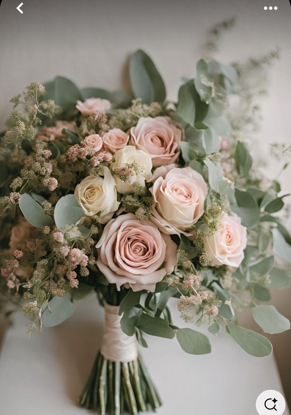Bridal bouquet with dusty pink and ivory roses and sage green eucalyptus leaves.