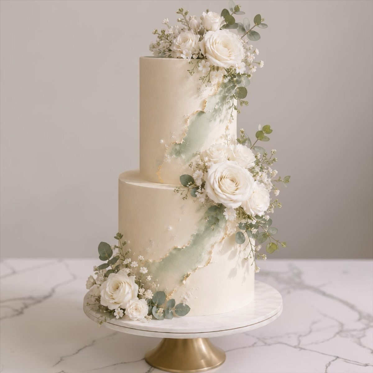 Two-tier white wedding cake adorned with white roses and green eucalyptus foliage.