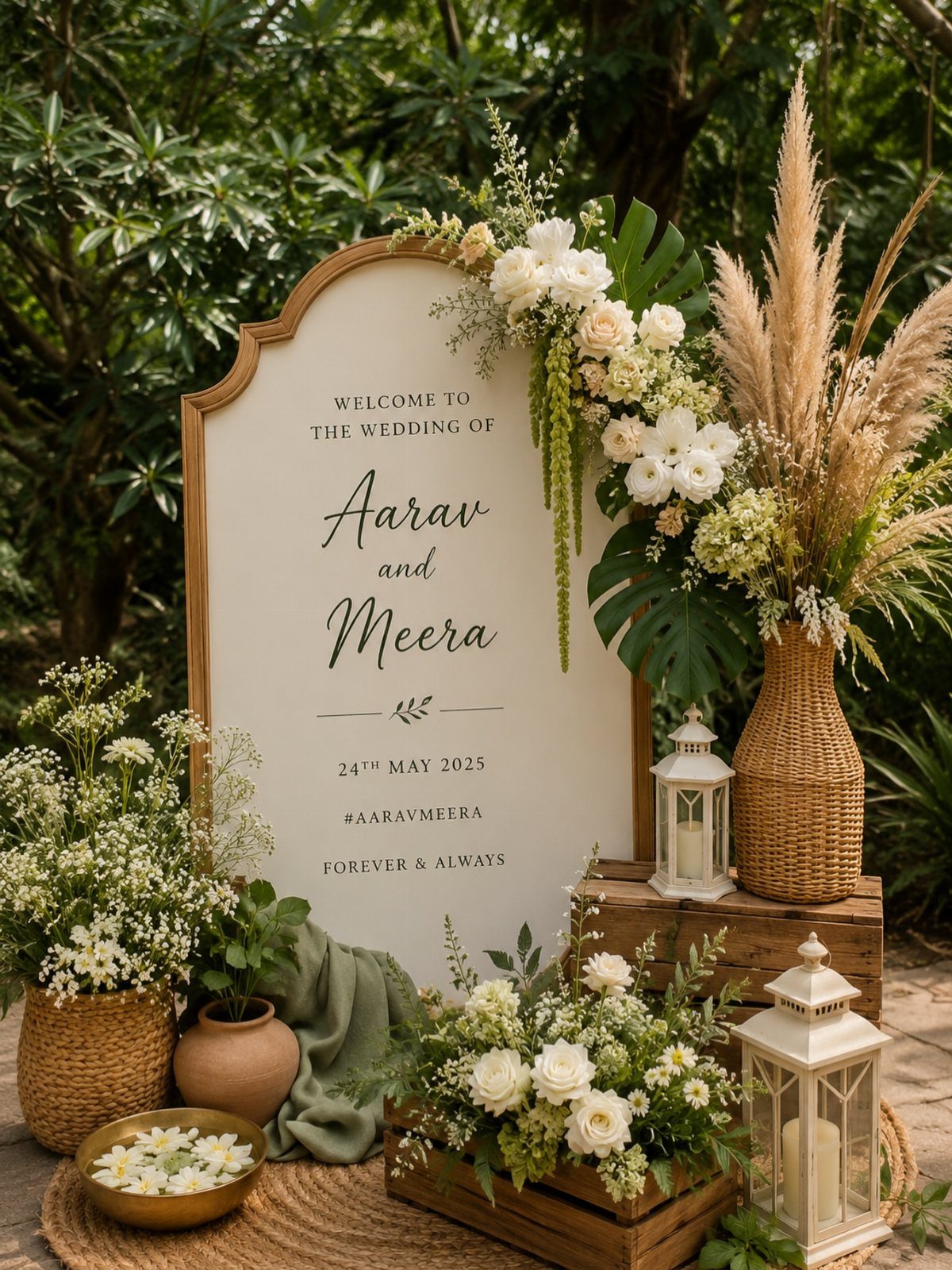 Wedding welcome sign with white flowers and greenery in an outdoor garden setting