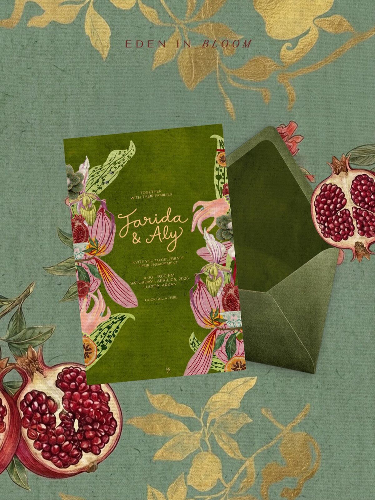 Green wedding invitation with pink floral art, green envelope, and open pomegranates.
