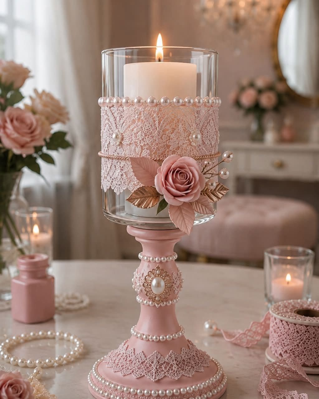 Pink decorative candle holder with lace, pearls, and a fabric rose flower.