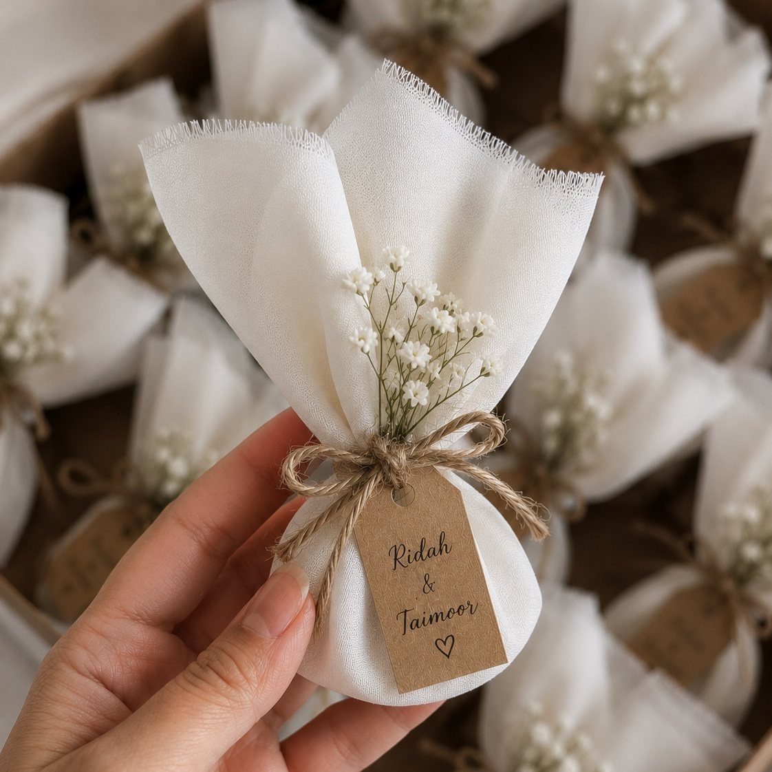White fabric favor pouch tied with twine, a brown tag, and baby's breath.