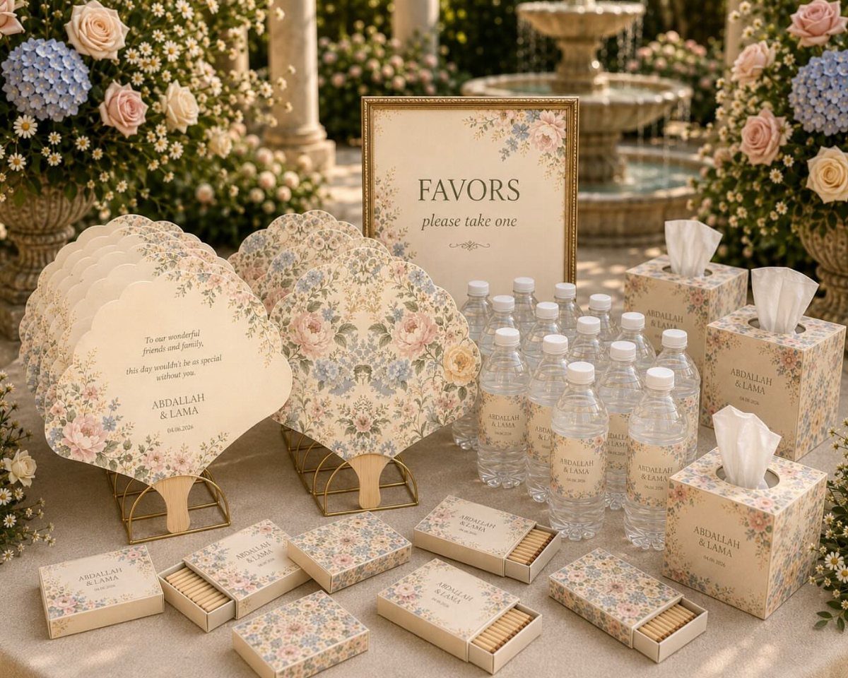Floral matchboxes and water bottles on a wedding favor table with floral arrangements.