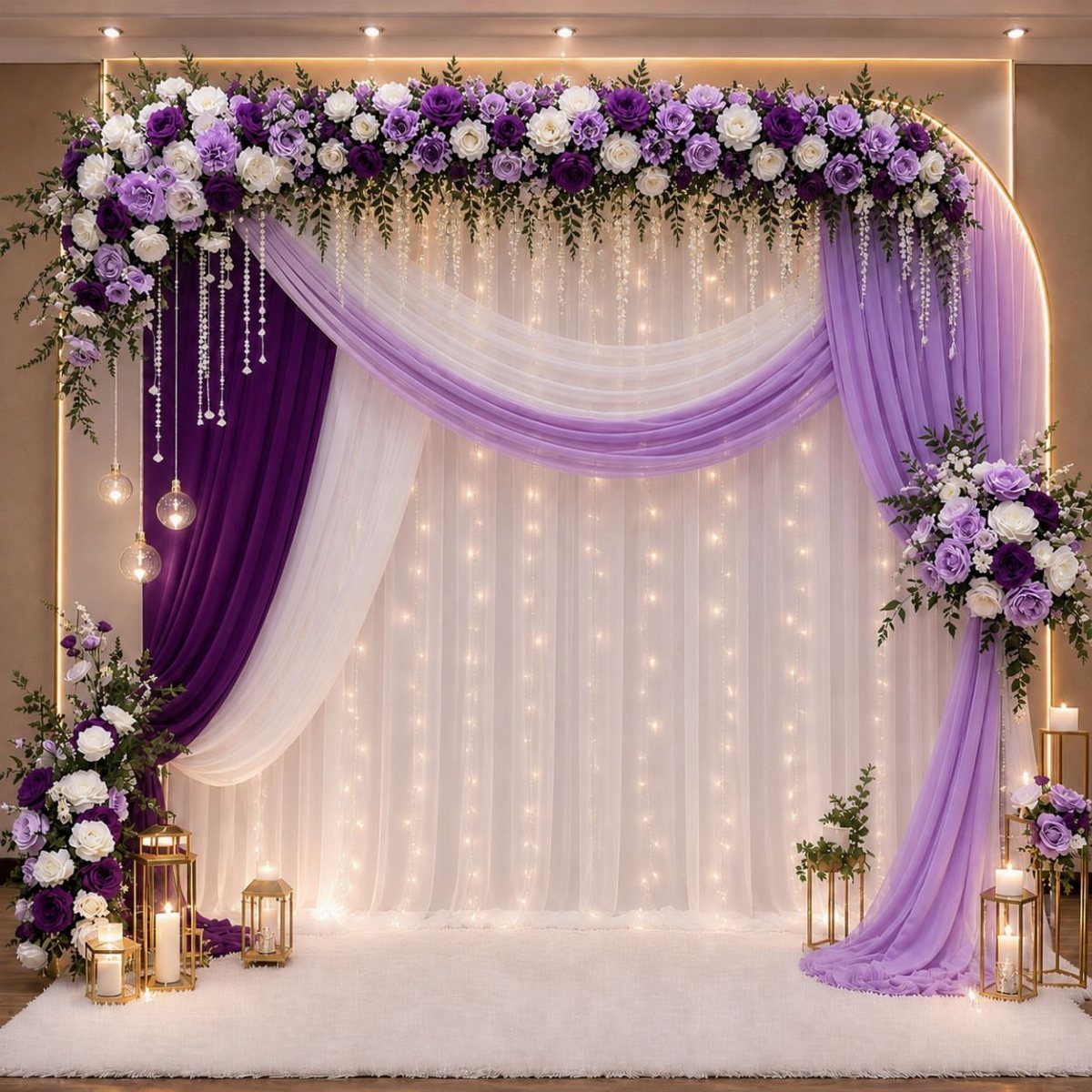 Purple and white draped fabric backdrop with floral arrangements and gold lanterns.