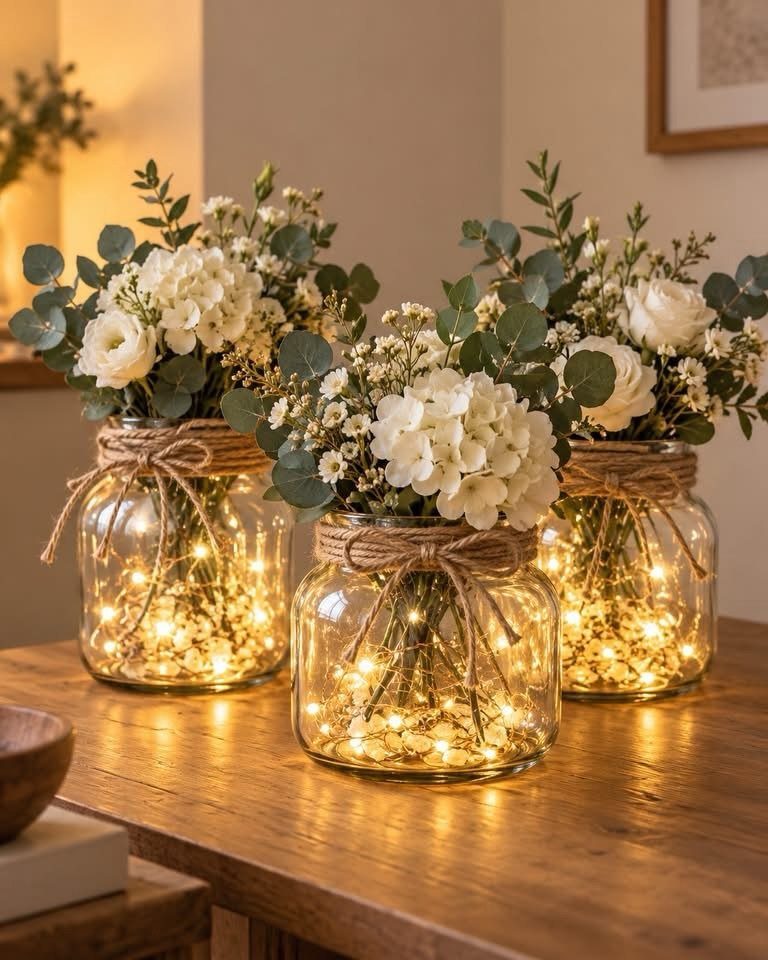 Three mason jars with white flowers and fairy lights on a wooden table.