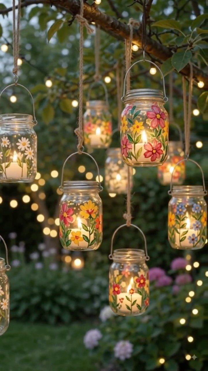 Painted flower mason jars with candles hanging from a tree branch in a garden