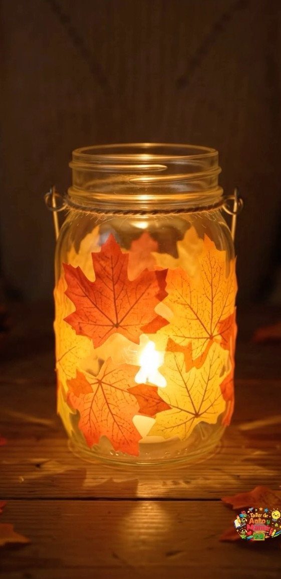 Mason jar with autumn maple leaves and a glowing candle inside on wood