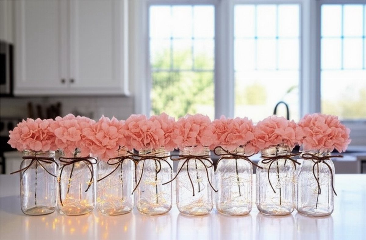 Mason jars with pink flowers and fairy lights tied with brown twine bows.