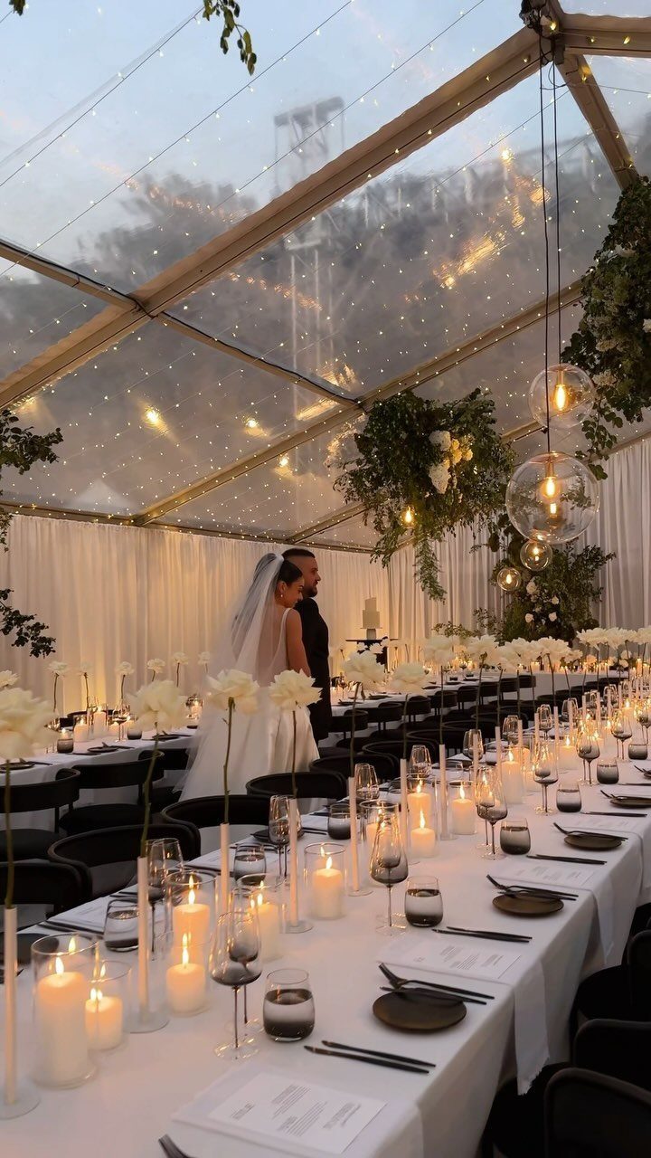 Wedding reception with white table linens, black chairs, and white floral centerpieces.