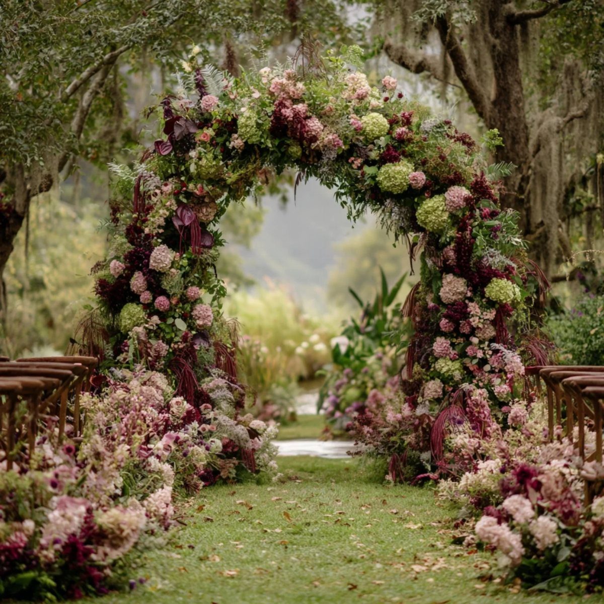 Floral wedding arch with mauve and purple blooms and forest green foliage outdoors.