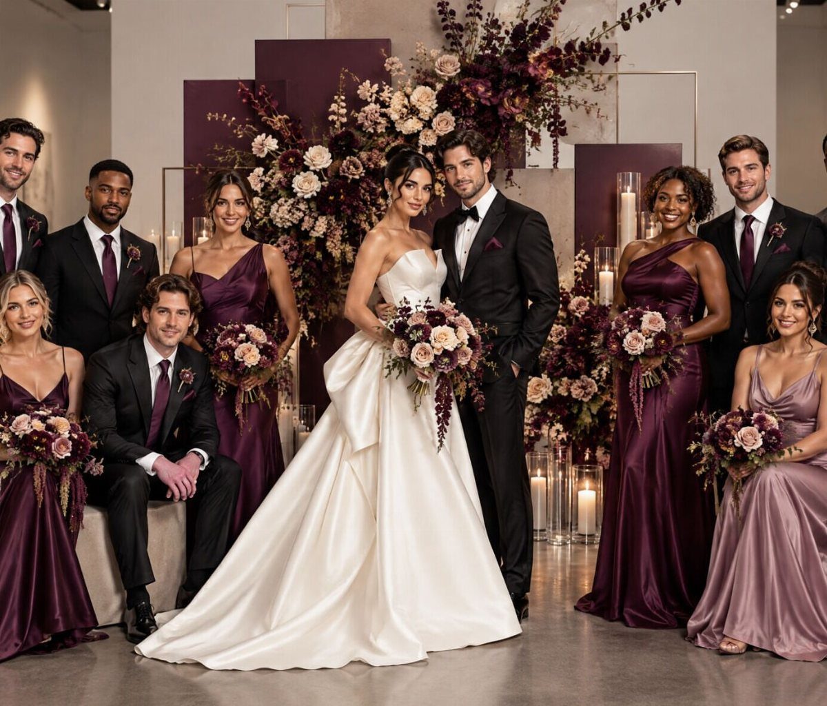 Wedding party with bridesmaids in plum dresses and a bride in white gown.
