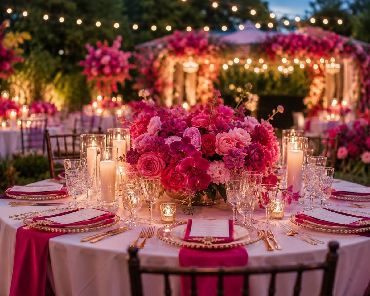 Wedding table setting with fuchsia napkins and a lush blush and fuchsia floral centerpiece.