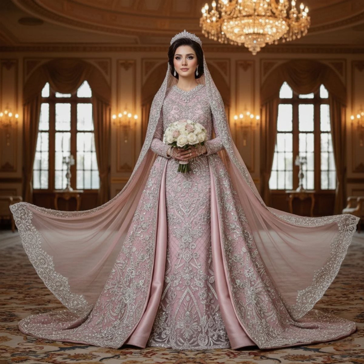 Woman in a dusty rose embroidered wedding gown with a silver tiara and bouquet.