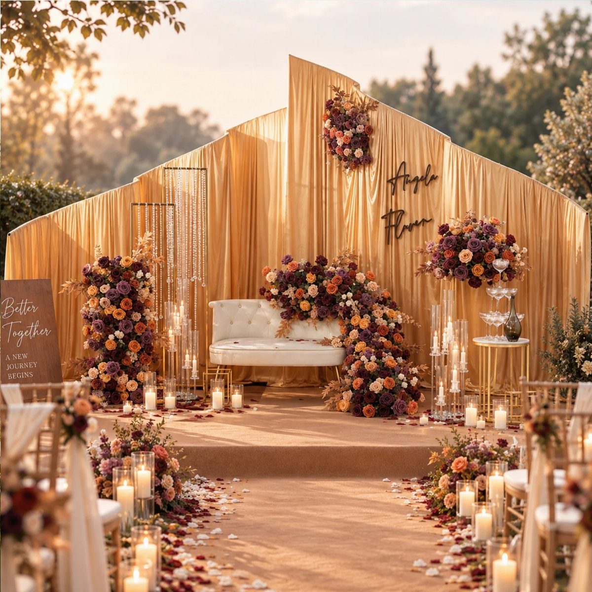 Wedding stage with mauve and copper floral arrangements, gold backdrop, and white sofa.