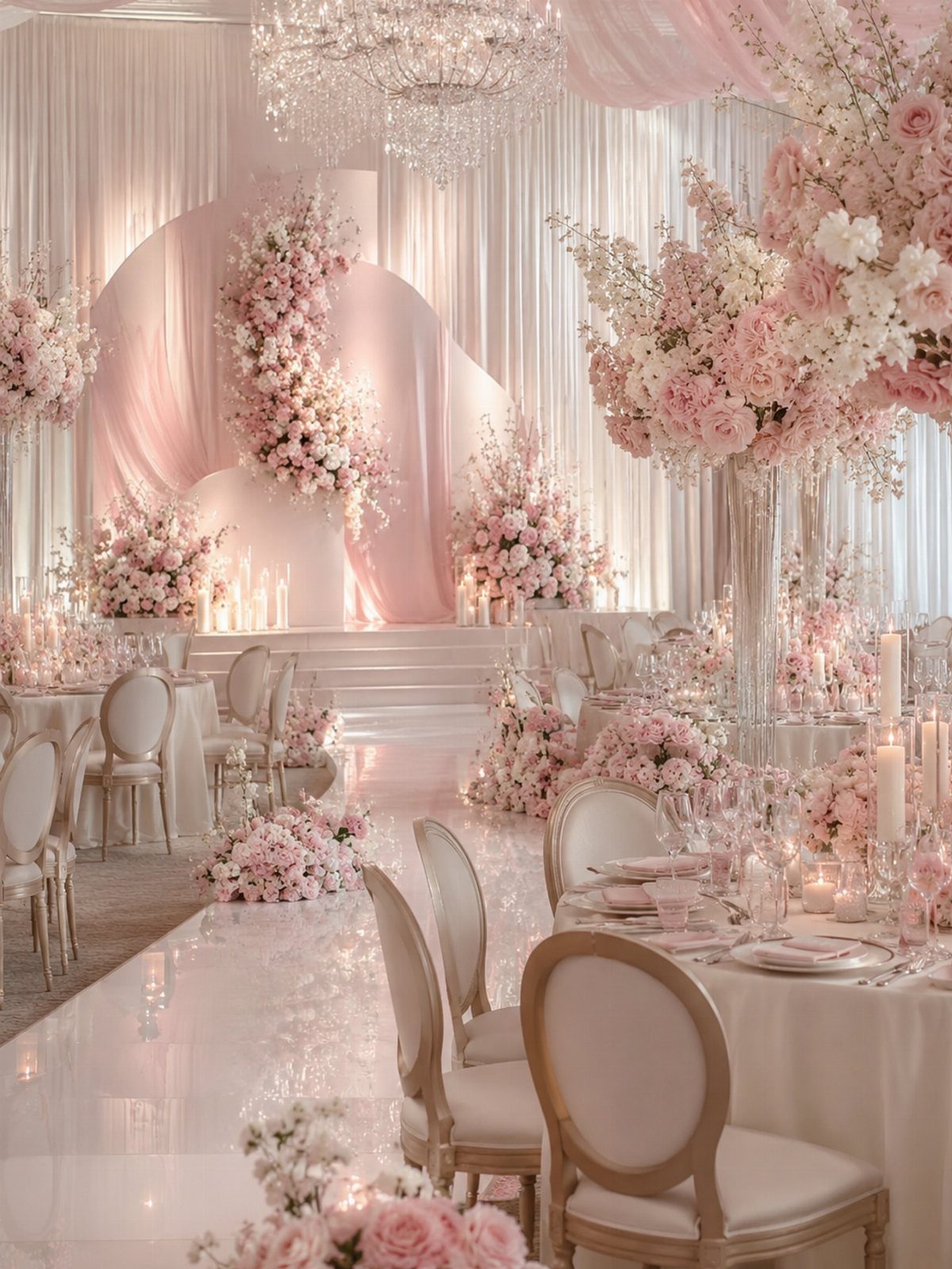 Opulent wedding reception with white tables and abundant light pink floral arrangements.