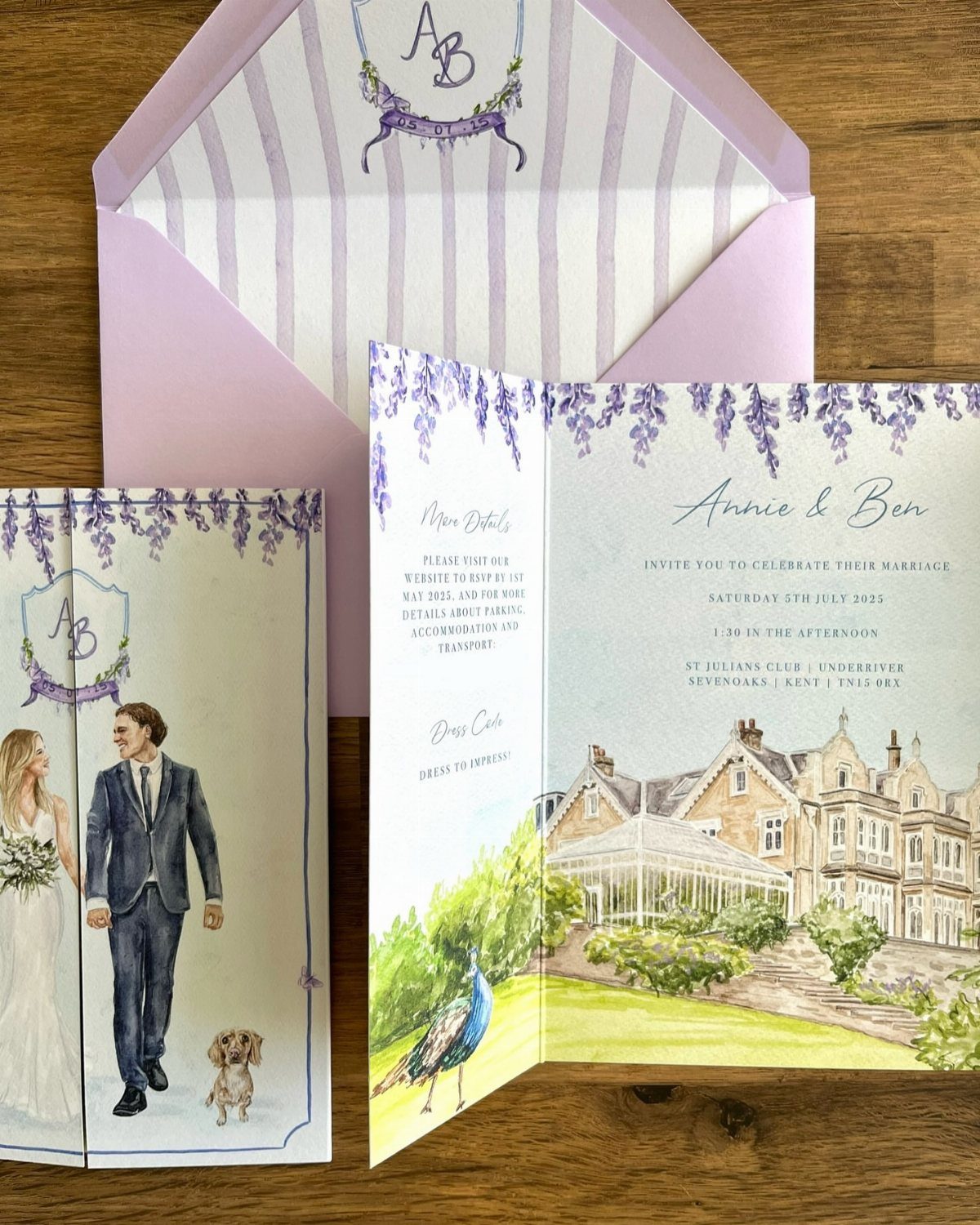 Wedding invitation suite with purple accents, watercolor manor illustration, and couple portrait.