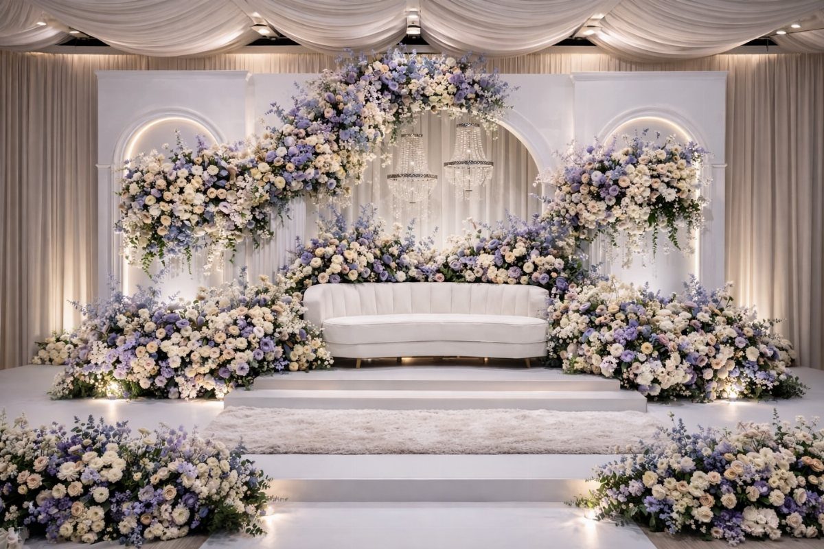 White sofa surrounded by purple, blue, and white floral arrangements in a wedding venue