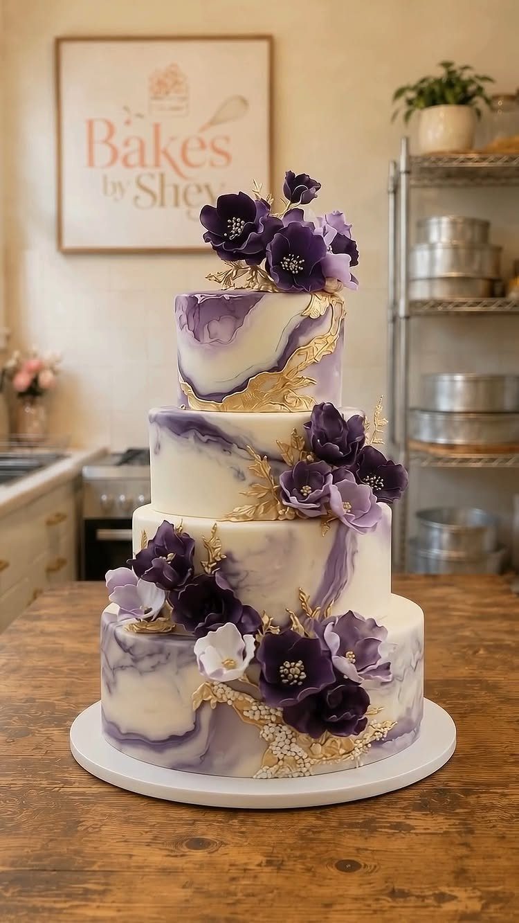 Four-tier white wedding cake with purple marble swirls and deep purple floral decorations.
