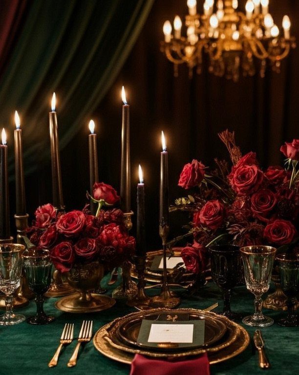 Deep red roses and dark candles on a gold and green table setting.