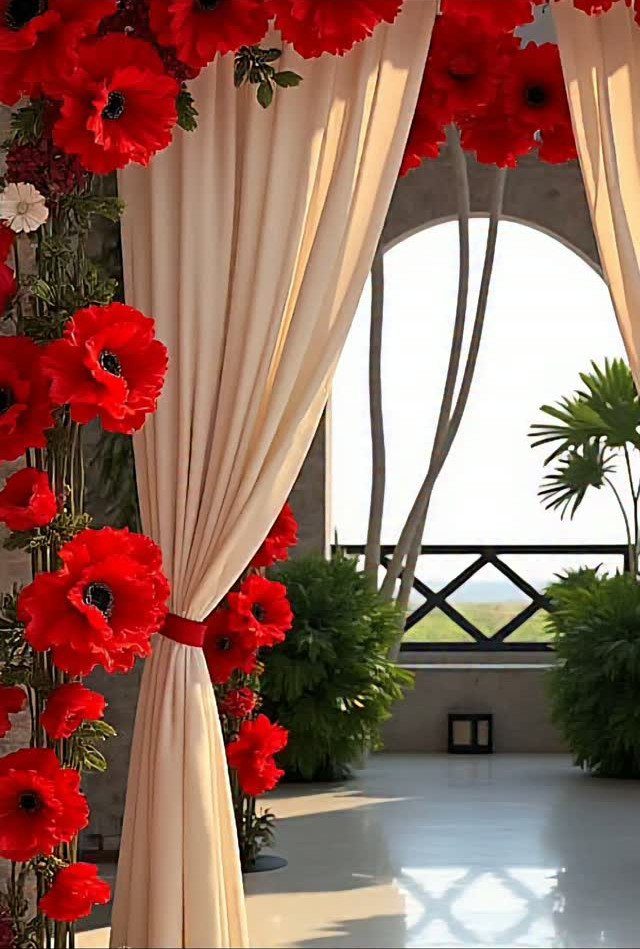 Red poppy flowers decorating cream fabric drapes in an outdoor wedding setting