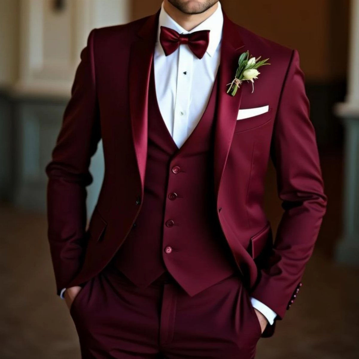 Man in a deep red three-piece wedding suit with a red bow tie.