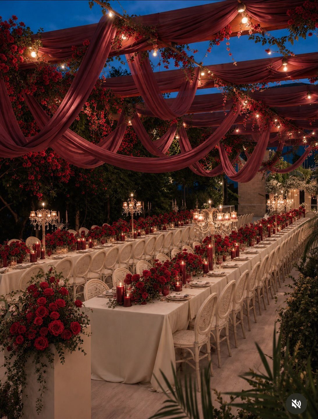 Long wedding table with red flowers and red fabric canopy under twilight sky