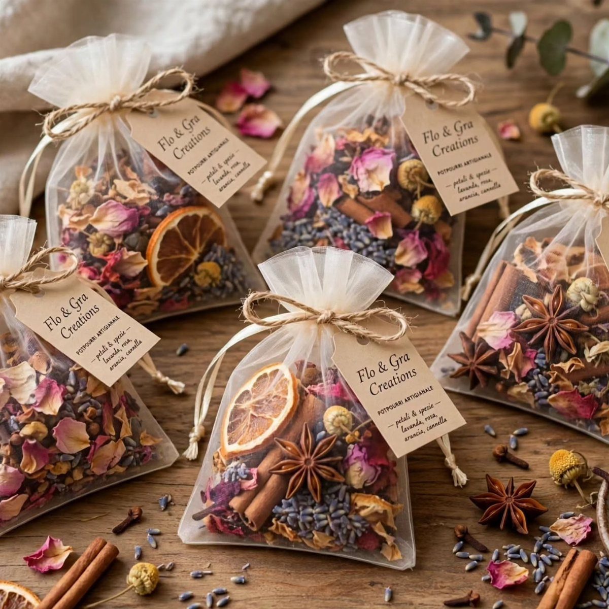 Small organza sachets filled with colorful dried potpourri on a wooden table.