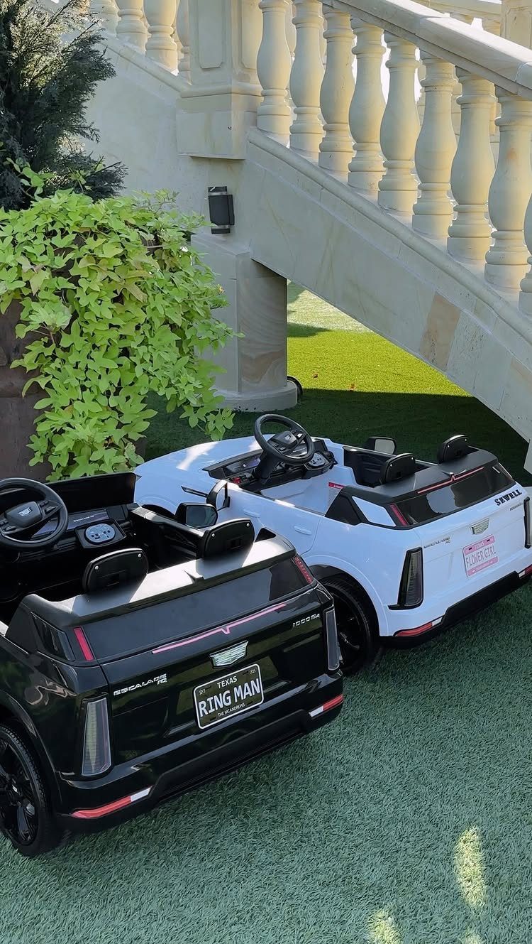 Two children's ride-on toy cars parked on green turf by a stone railing.