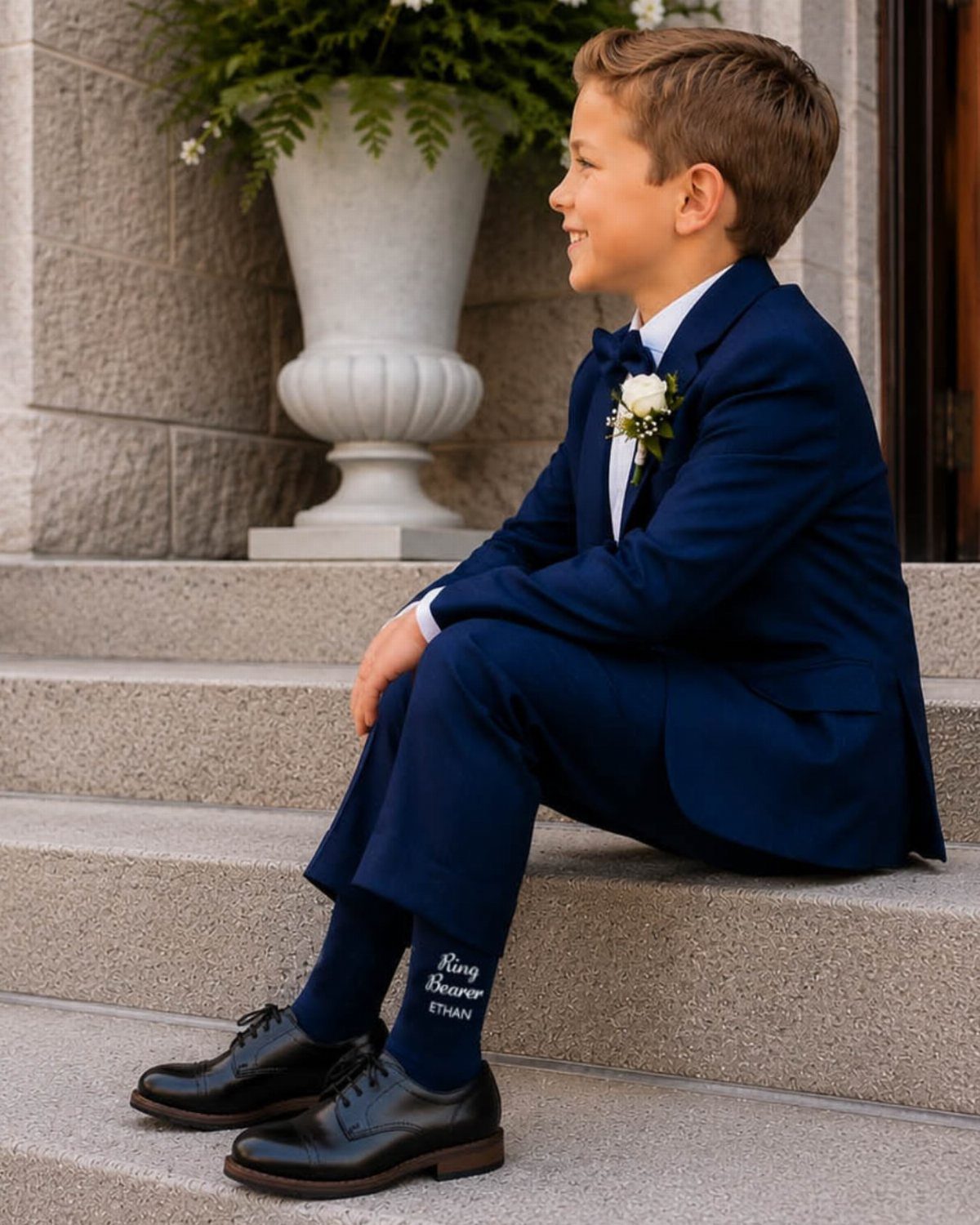 Young ring bearer in a navy suit wearing personalized socks on stone steps