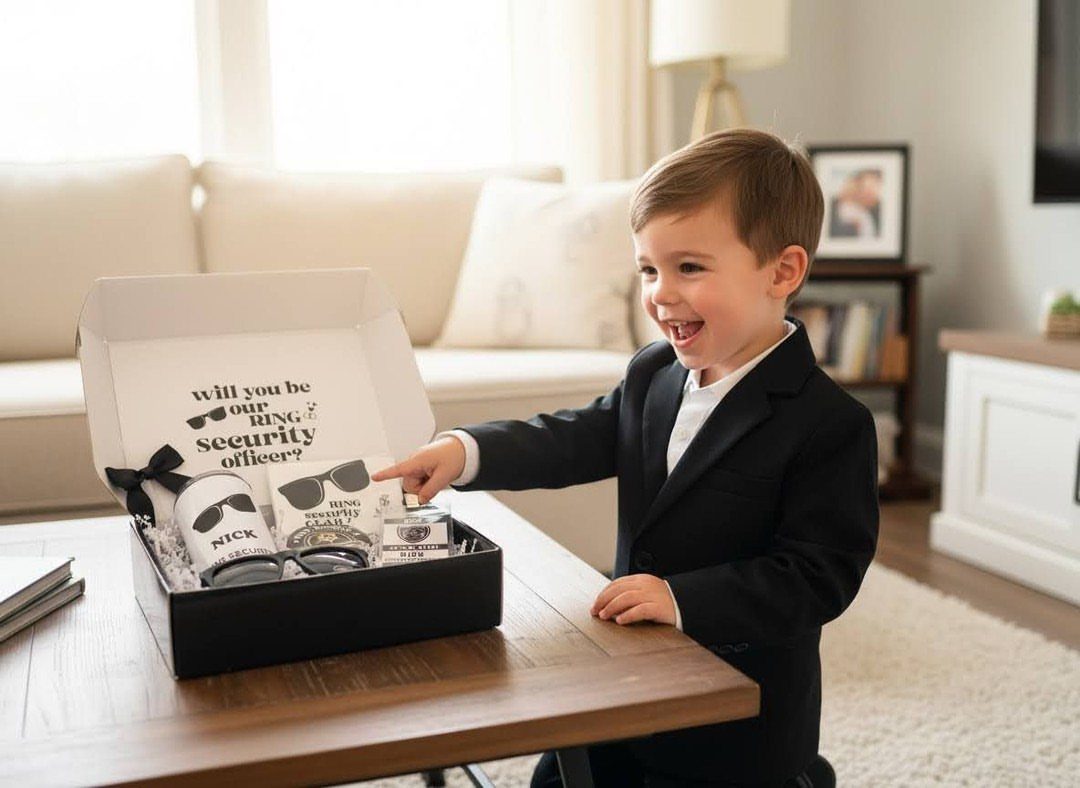 Young boy in a suit pointing at a ring security gift box on a table