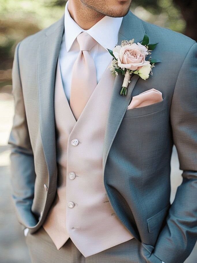 Man in grey suit with rose gold waistcoat, tie, and rose boutonniere.