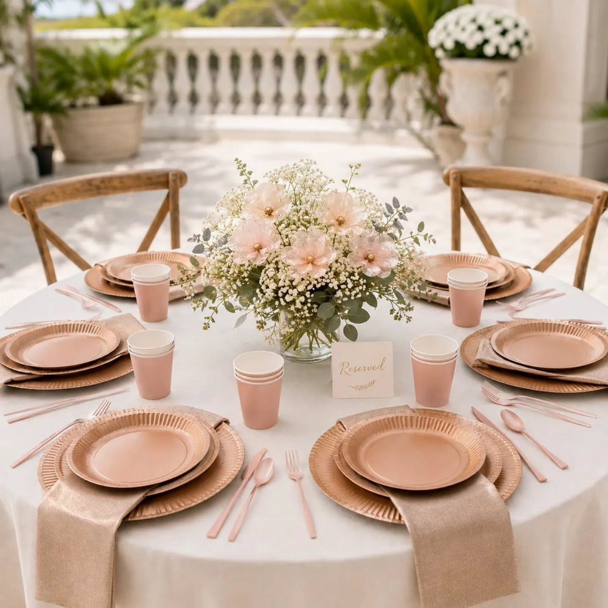 Rose gold plates and cups on a white wedding table with floral centerpiece.