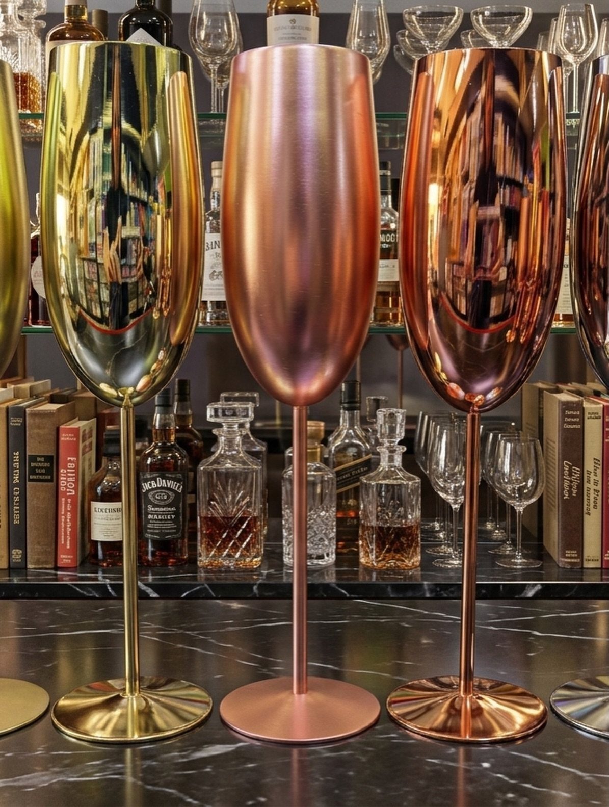 Rose gold and metallic champagne flutes standing on a dark marble bar counter
