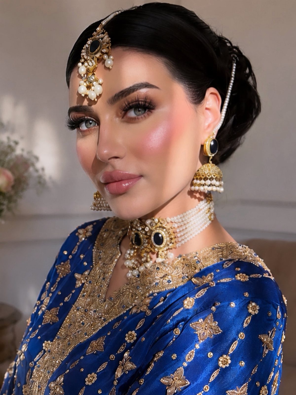 Woman in royal blue and gold traditional attire wearing ornate pearl jewelry