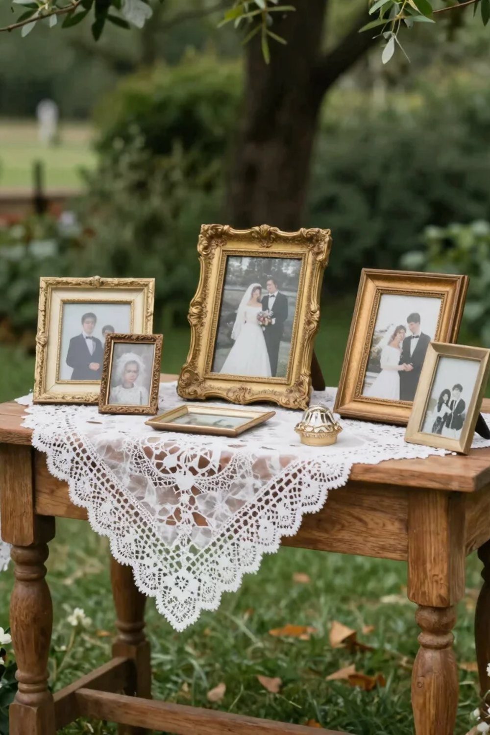 Antique gold picture frames with wedding photos on a lace-covered wooden table outdoors.