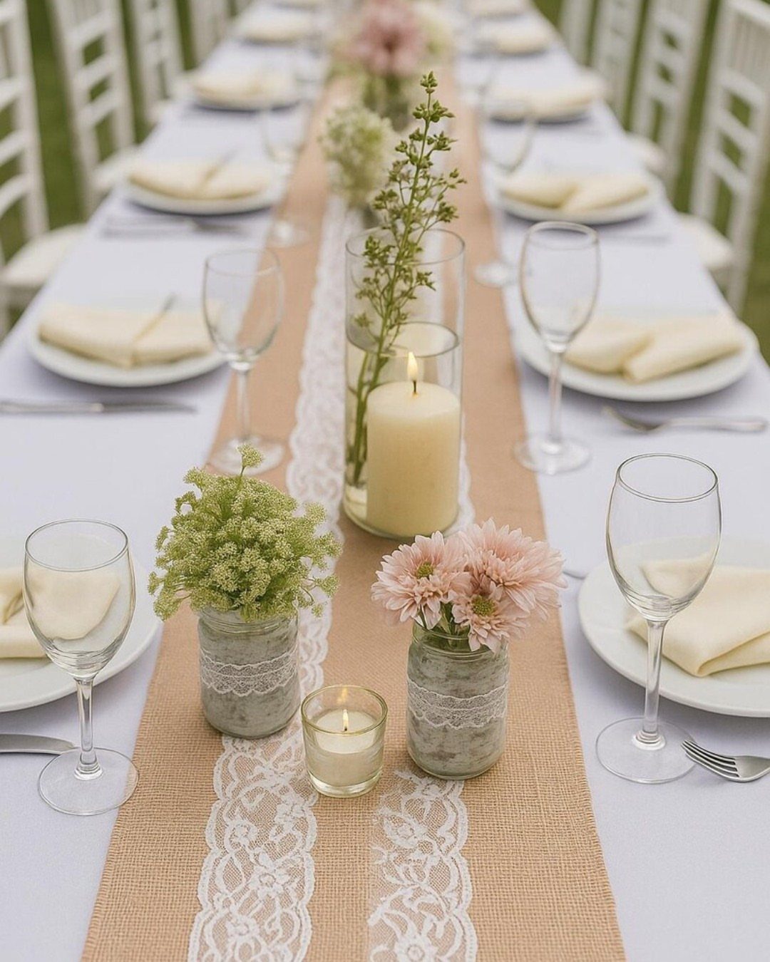 Burlap table runner with lace overlay and floral centerpieces on a white wedding table