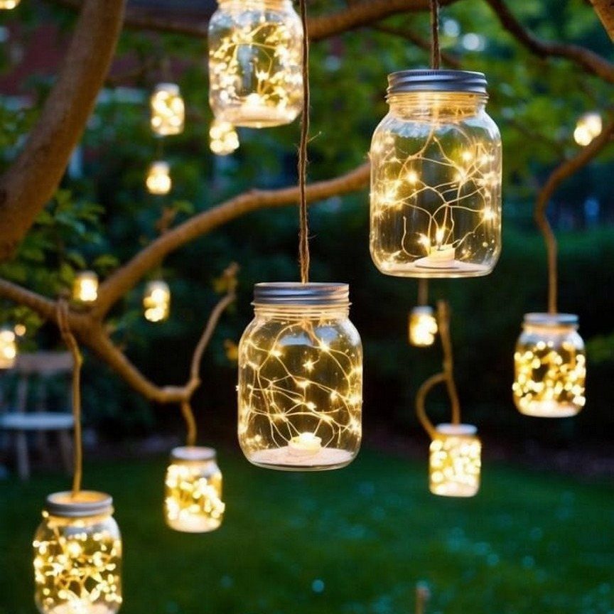 Mason jars with fairy lights hanging from tree branches in a garden