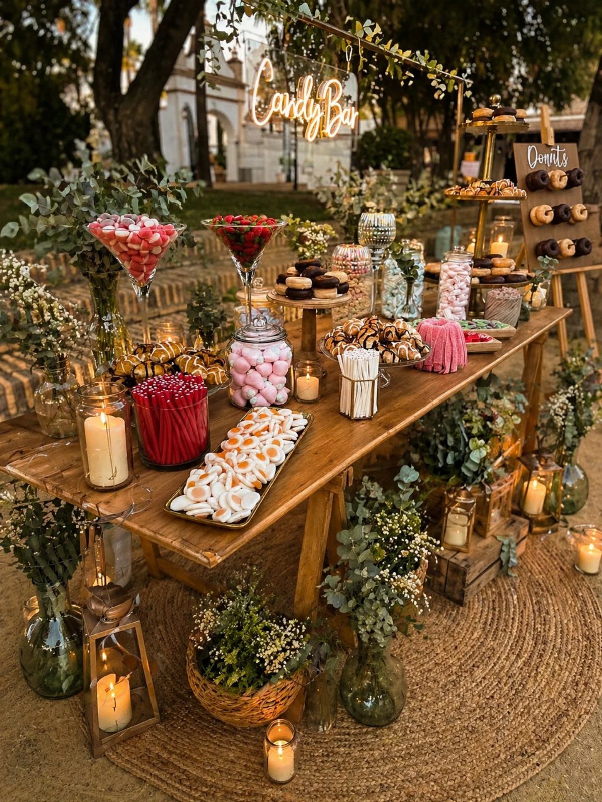Rustic outdoor candy bar with sweets, donuts, and neon sign on wooden table.