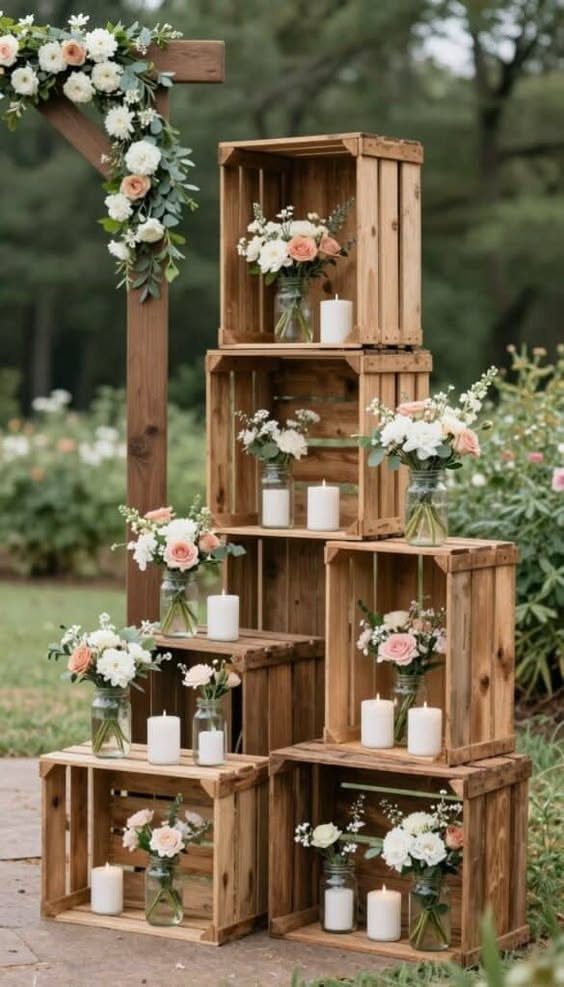 Stacked wooden crates holding floral arrangements in jars and white pillar candles outdoors.