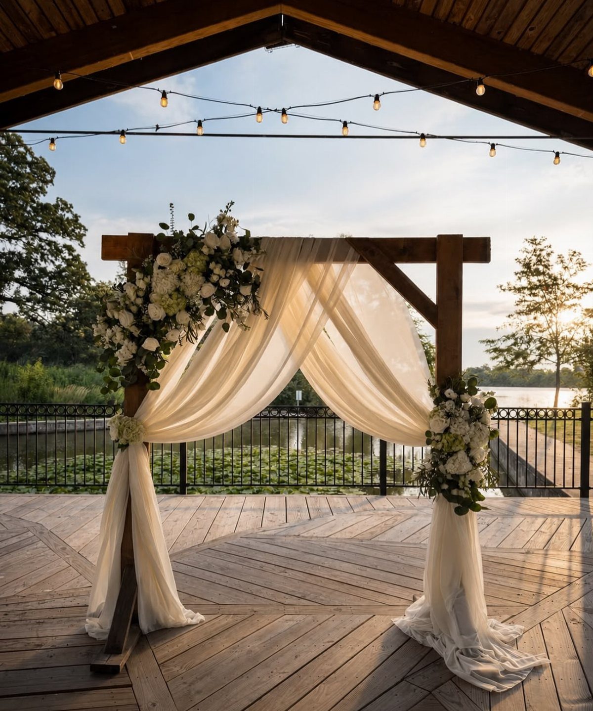 Wooden wedding arch with white draping and flowers on a lakeside deck