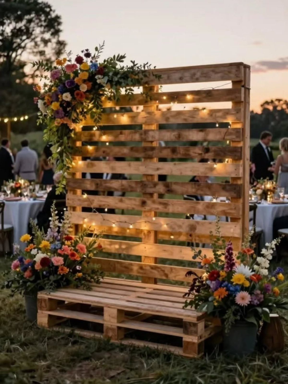 Wooden pallet wall and base decorated with colorful flowers and warm string lights.