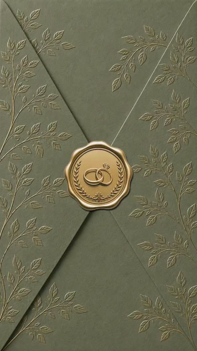 Sage green envelope with gold embossed leaves and a gold wedding ring wax seal.