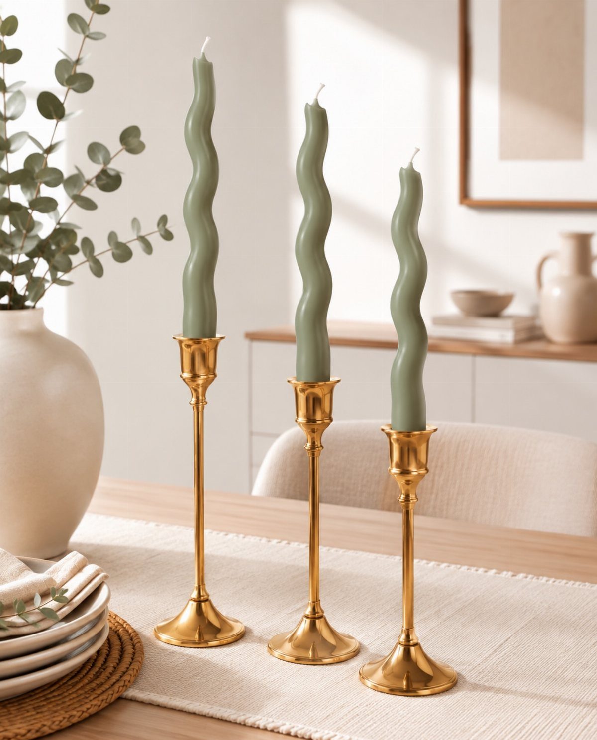 Twisted sage green taper candles in gold brass holders on a dining table.