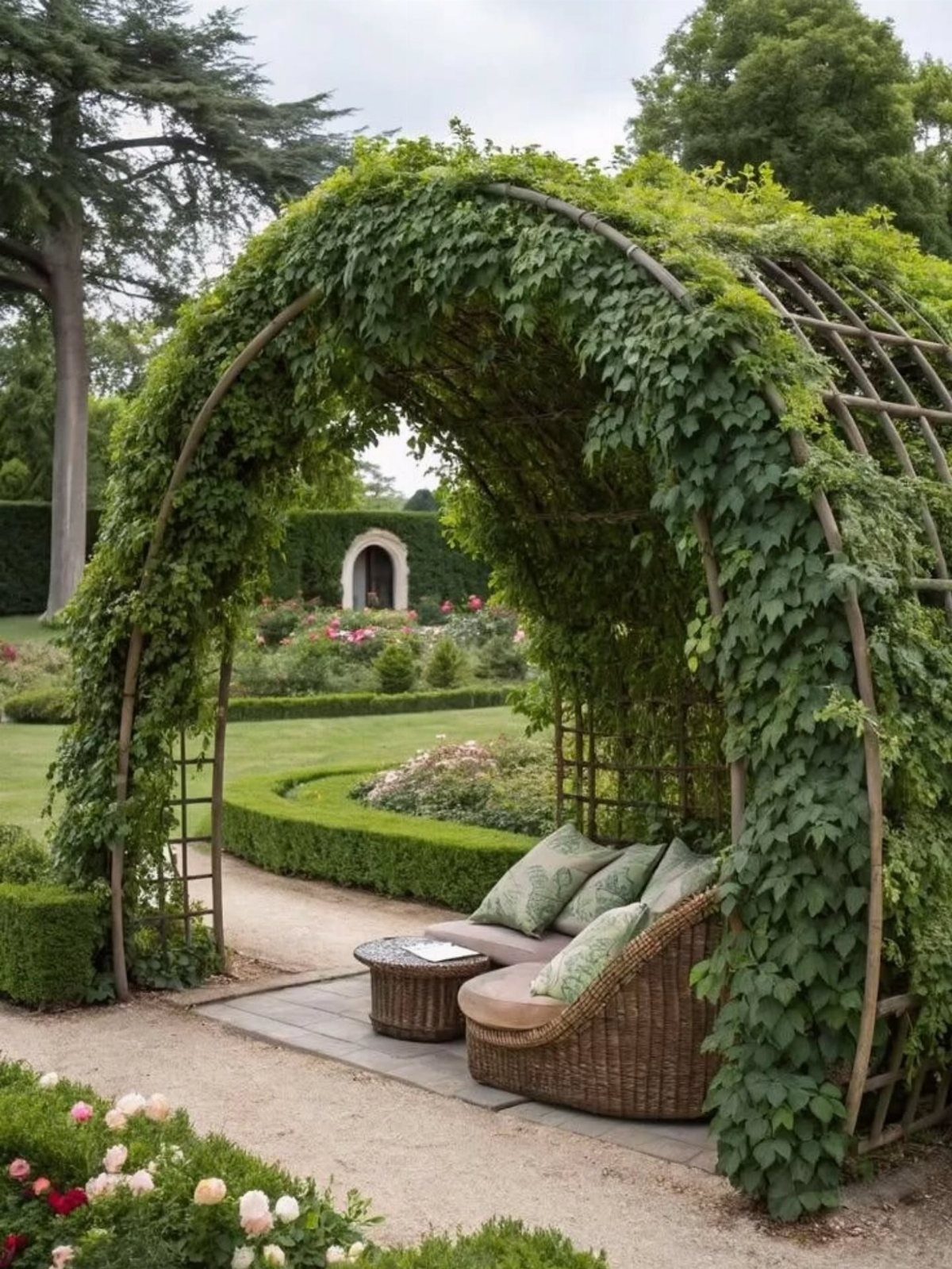 Vine-covered wooden pergola sheltering a wicker sofa in a manicured garden setting.