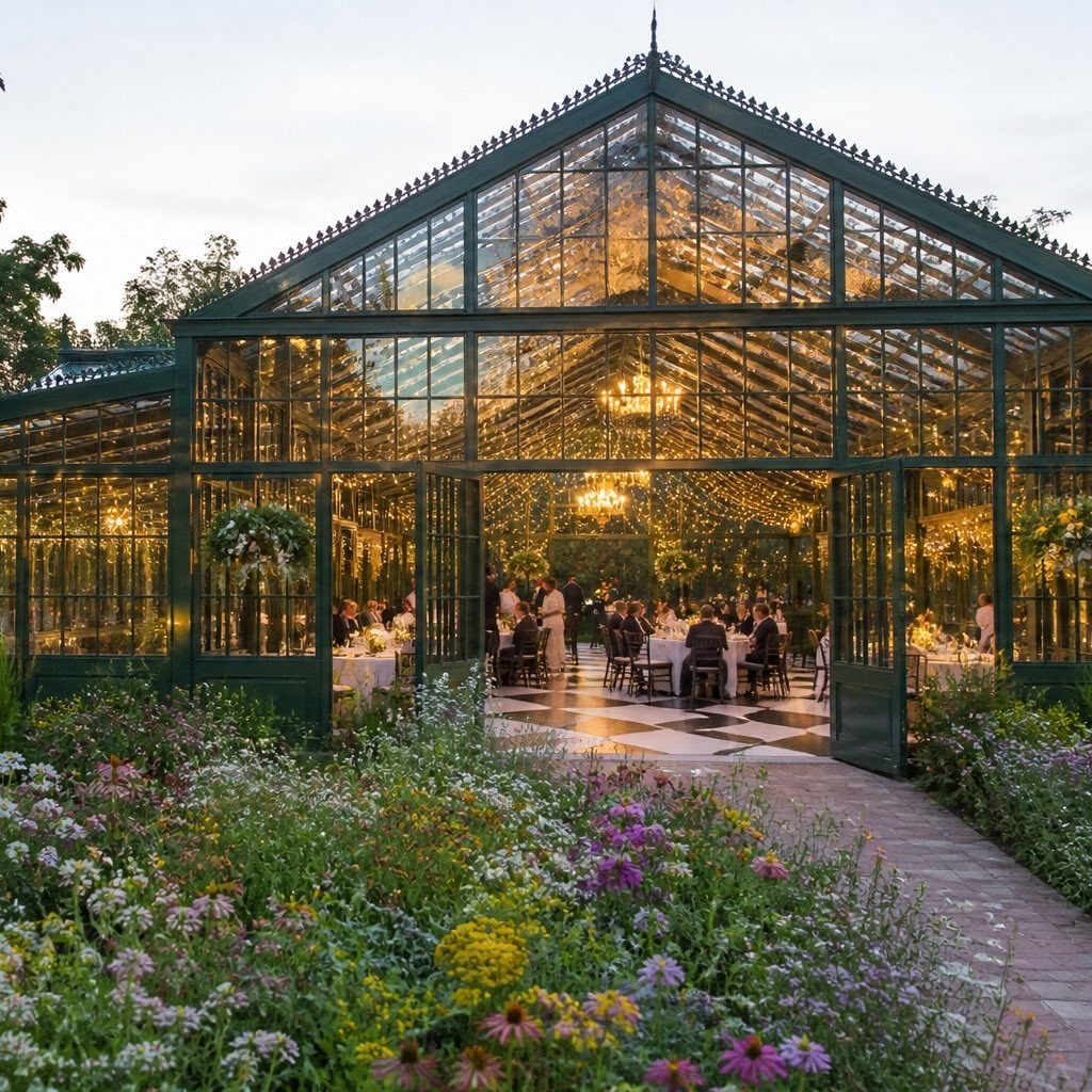 Glass greenhouse reception venue with warm lighting and a colorful wildflower garden foreground