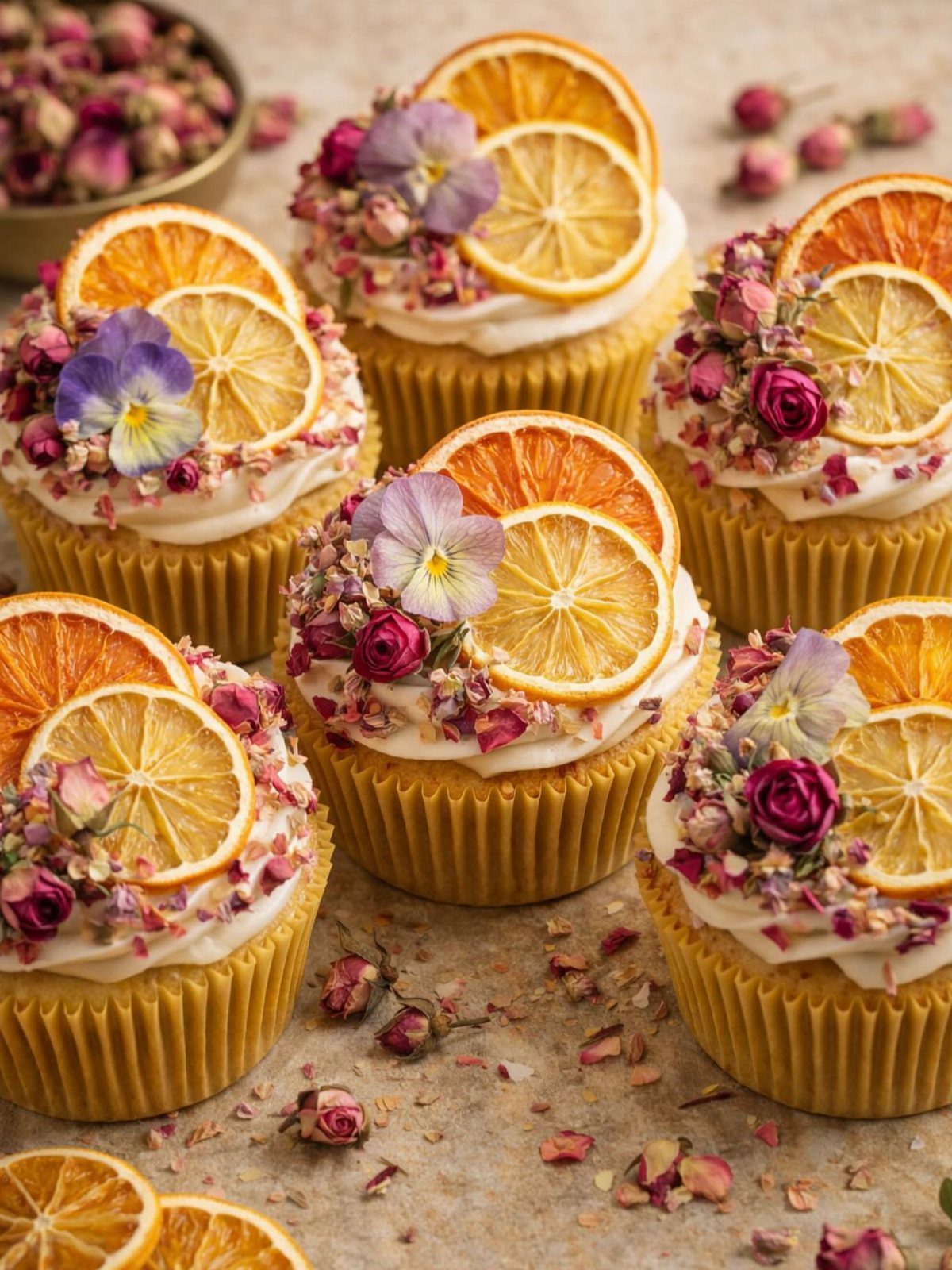 Cupcakes topped with white frosting, dried orange slices, and colorful edible flowers.