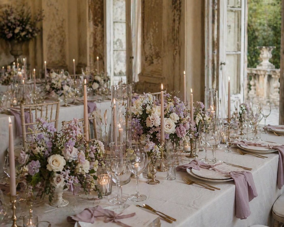 Wedding table setting with lavender napkins, purple candles, and white and purple flowers.