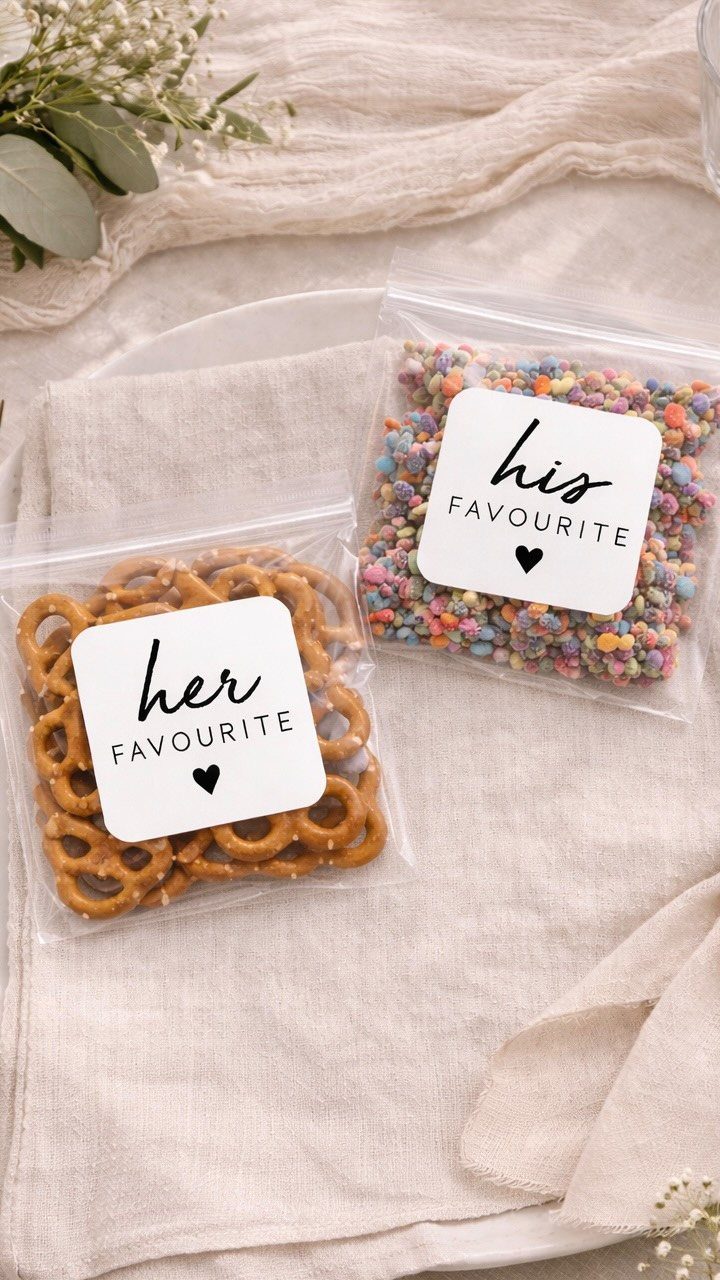 Two clear snack bags with personalized labels filled with pretzels and colorful candies.
