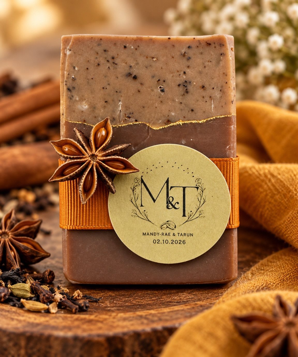 Brown speckled soap bar with a personalized wedding label and star anise accents.