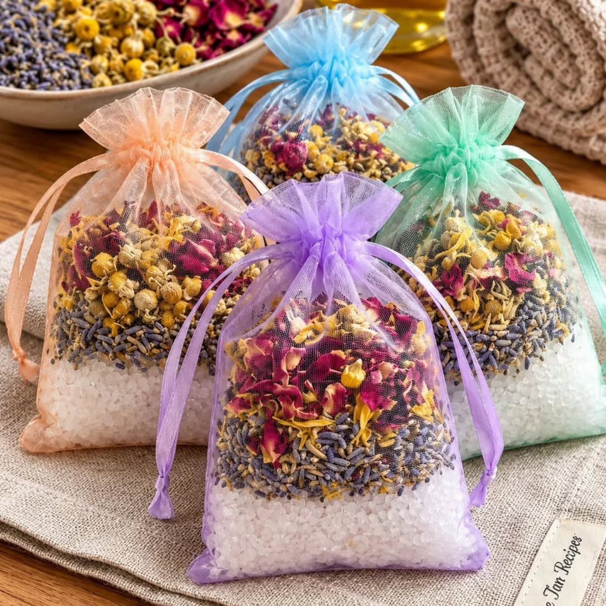 Colorful mesh bags filled with white bath salts and dried flower petals.